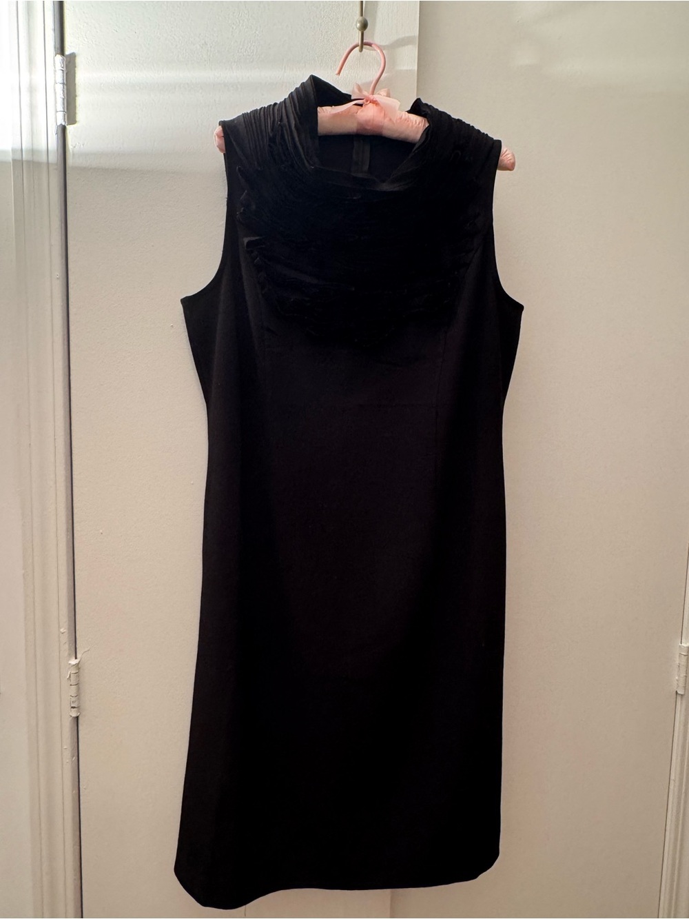 Chelsea & Theodore Black Sleeveless Sheath Dress with Pleated Cowl Neck